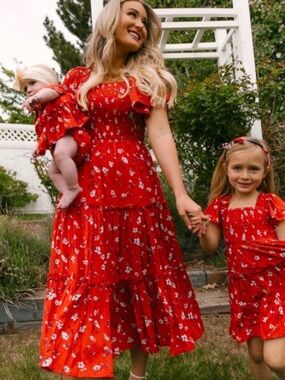 Red Floral Tiered Midi Dress
